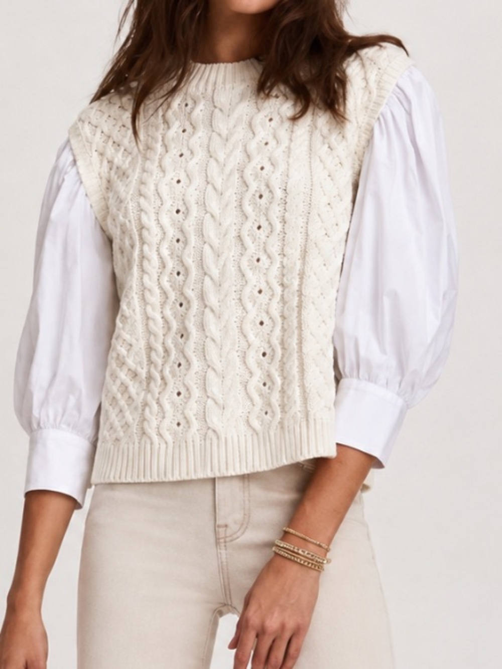 NWT Something Navy Ivory Cable Knit White Poplin Sleeve Blouse Sweater. Size XS